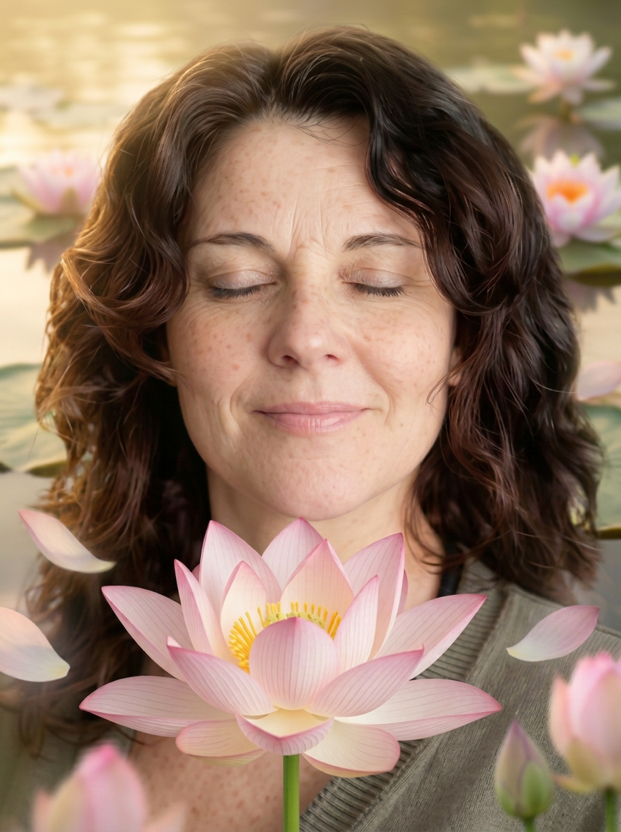 Portrait d'Améliane, yeux fermés, entourée de lotus
